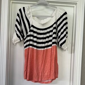 LuLaRoe Lily Black & White Peasant Top with Coral Hem
